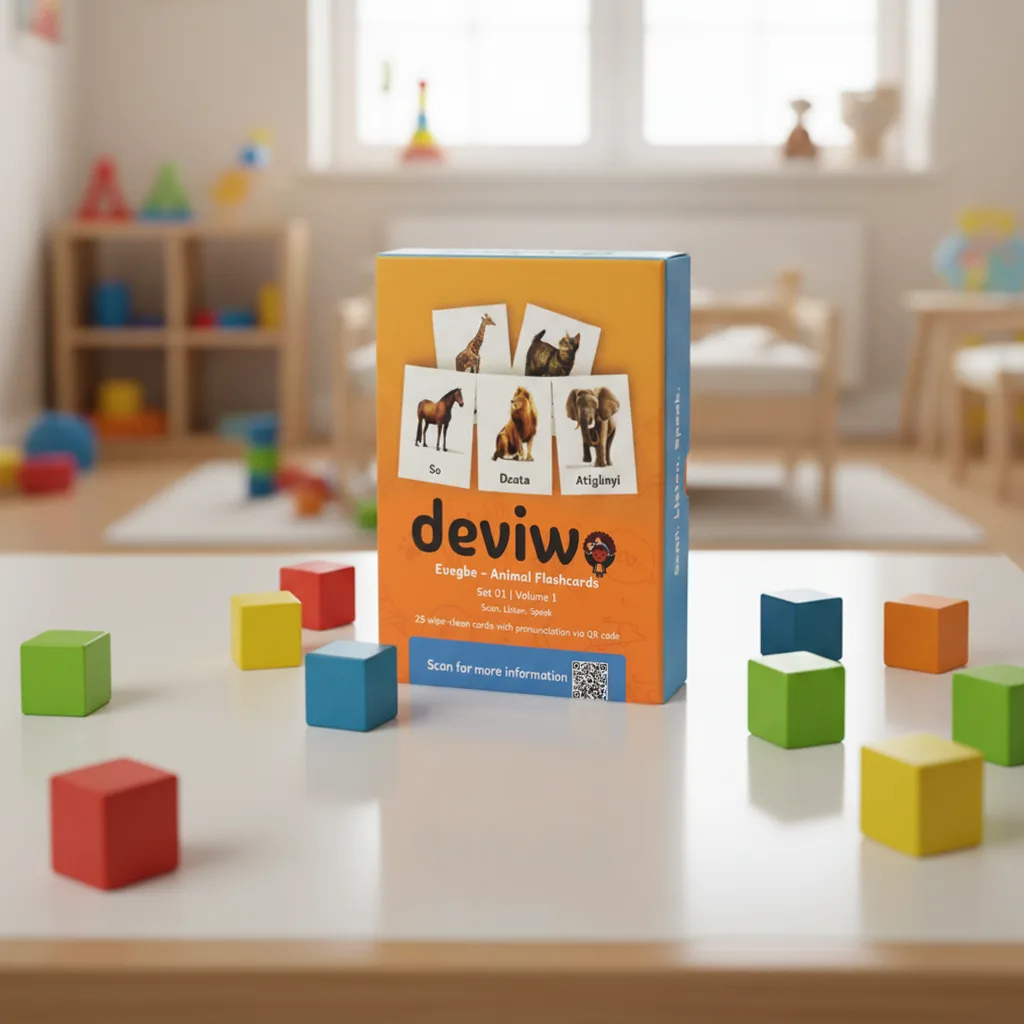 Ewe Animal Flashcards box set on table with colourful blocks
